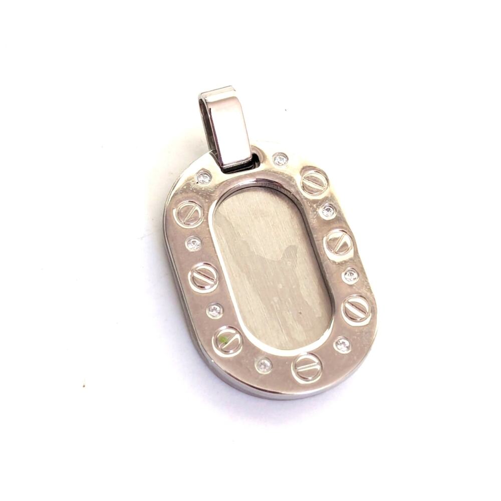 Diamonique Stainless Steel Faux Diamond ID Dog Tag Charm Necklace Pendant